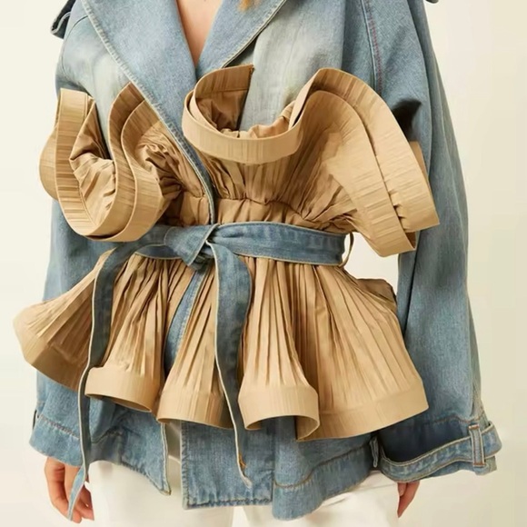 NEW WOMENS DENIM PATCHWORK RUFFLES JACKET MEDIUM - Picture 3 of 11